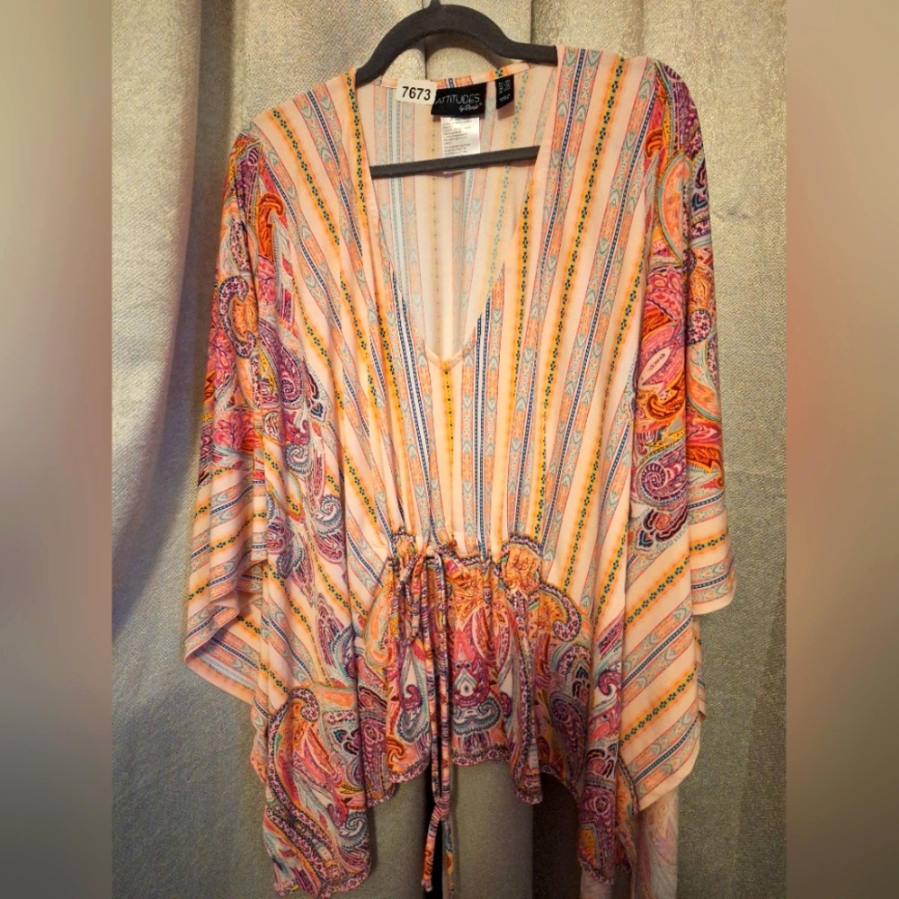 Attitudes by Renee Peach Paisley Drawstring Kimono